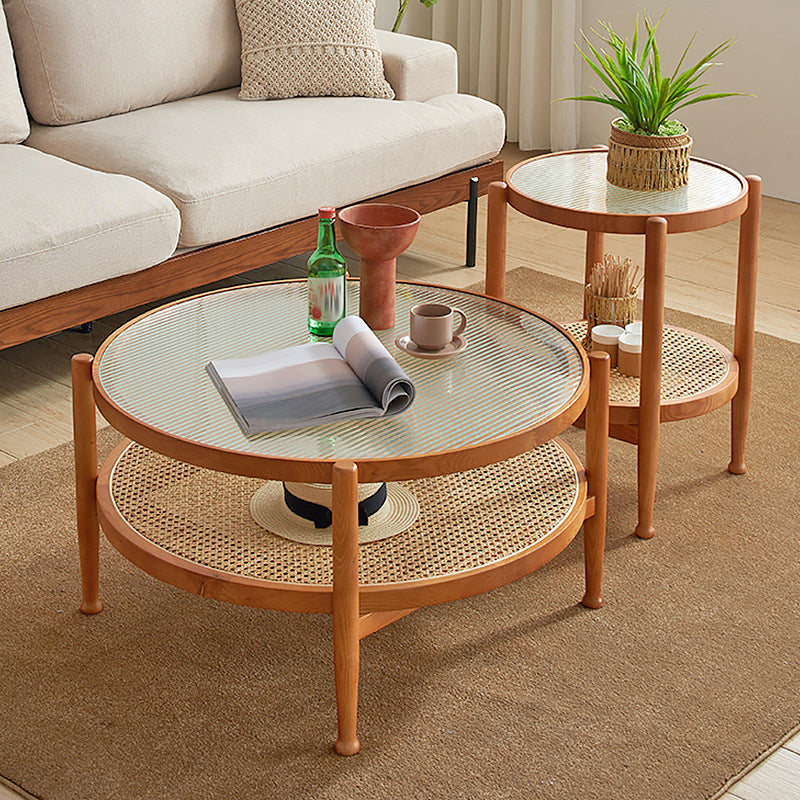 Tropical Coffee Table Glass Top Round Coffee Cocktail Table with Storage