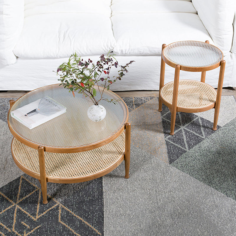 Tropical Coffee Table Glass Top Round Coffee Cocktail Table with Storage