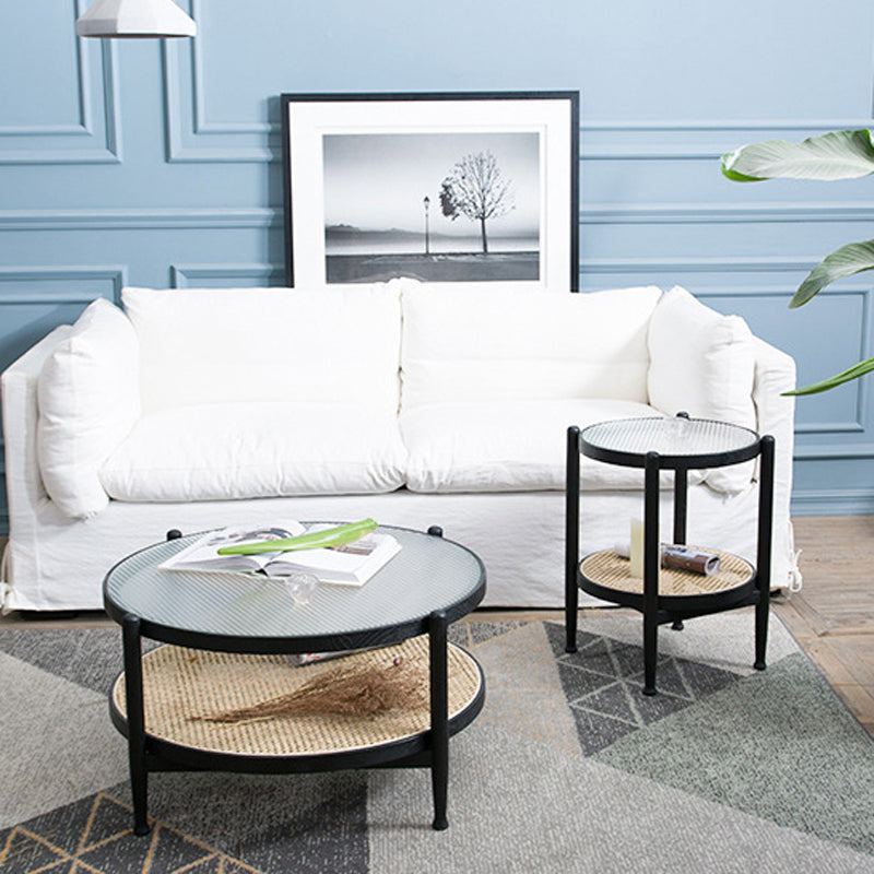 Tropical Coffee Table Glass Top Round Coffee Cocktail Table with Storage