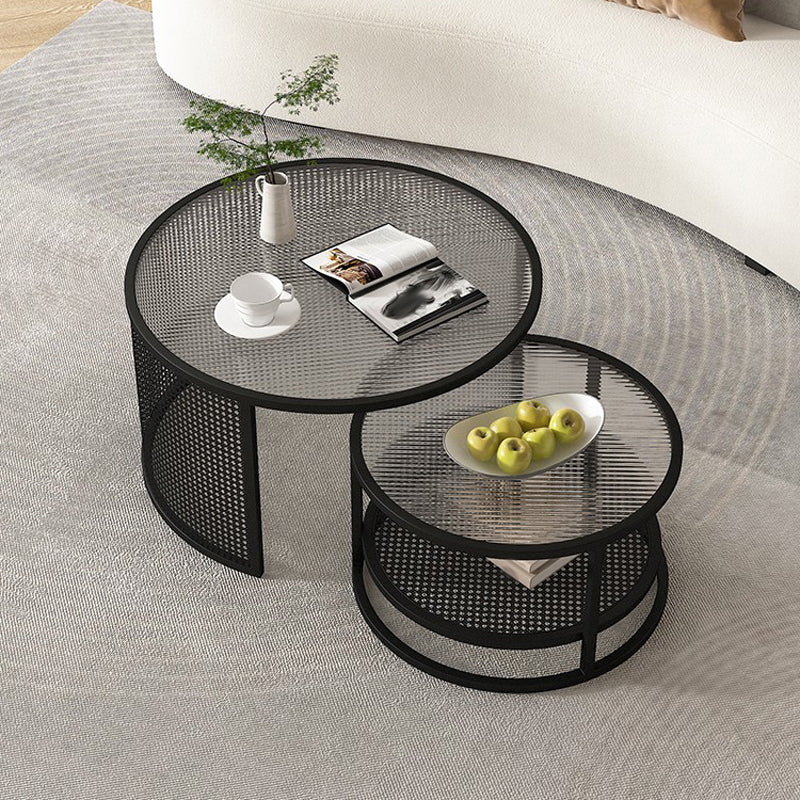 Tropical Coffee Table Glass Top Round Frame Coffee Cocktail Table Black Clearhalo 'Coffee & Accent Tables' 'Coffee Tables' 'coffee_tables' 'furn' 'furn_coffee_tables' 'Furniture' 'Living Room Furniture' 6861118