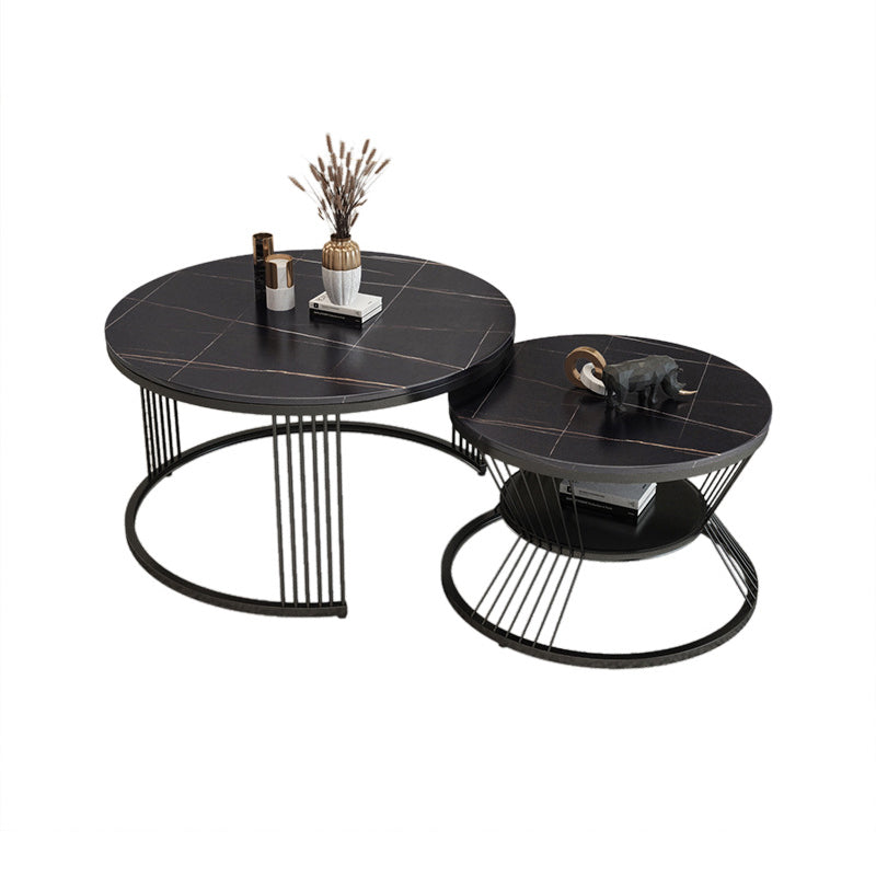 Round Slate Coffee Table Glam Nesting Coffee Table Set with Storage Shelf Black Black Clearhalo 'Coffee & Accent Tables' 'Coffee Tables' 'coffee_tables' 'furn' 'furn_coffee_tables' 'Furniture' 'Living Room Furniture' 6861449