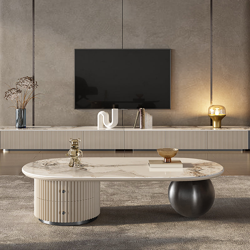 No Distressing Slate Coffee Table Oval Single Coffee Table with 2 Drawers Clearhalo 'Coffee & Accent Tables' 'Coffee Tables' 'coffee_tables' 'furn' 'furn_coffee_tables' 'Furniture' 'Living Room Furniture' 6862126
