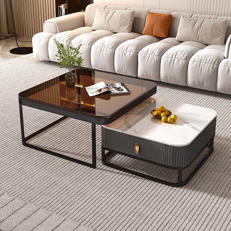 Glam Coffee Table Set Slate 2-Piece Coffee Cocktail Table with Drawer 31"L x 31"W x 16"H + 24"L x 24"W x 12"H Black White Clearhalo 'Coffee & Accent Tables' 'Coffee Tables' 'coffee_tables' 'furn' 'furn_coffee_tables' 'Furniture' 'Living Room Furniture' 6862221