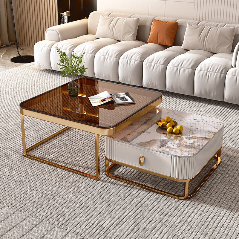 Glam Coffee Table Set Slate 2-Piece Coffee Cocktail Table with Drawer 31"L x 31"W x 16"H + 24"L x 24"W x 12"H Pandora Brown Clearhalo 'Coffee & Accent Tables' 'Coffee Tables' 'coffee_tables' 'furn' 'furn_coffee_tables' 'Furniture' 'Living Room Furniture' 6862224
