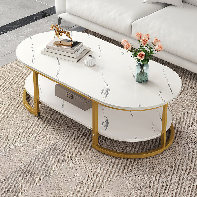 Glam Style Coffee Table Oval Slate Single Coffee Cocktail Table 47"L x 24"W x 18"H White Shelves Included Clearhalo 'Coffee & Accent Tables' 'Coffee Tables' 'coffee_tables' 'furn' 'furn_coffee_tables' 'Furniture' 'Living Room Furniture' 6862370