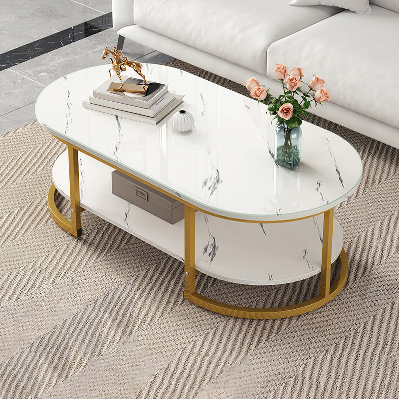 Glam Style Coffee Table Oval Slate Single Coffee Cocktail Table 39.5"L x 19.5"W x 18"H Gloss White Shelves Included Clearhalo 'Coffee & Accent Tables' 'Coffee Tables' 'coffee_tables' 'furn' 'furn_coffee_tables' 'Furniture' 'Living Room Furniture' 6862371