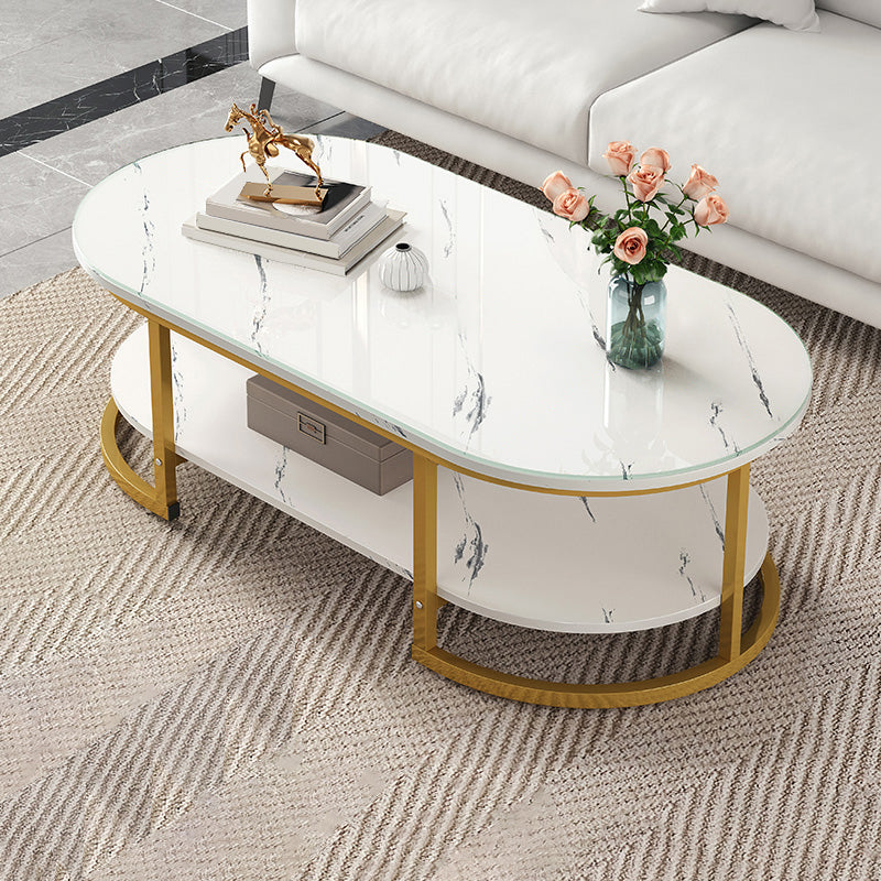 Glam Style Coffee Table Oval Slate Single Coffee Cocktail Table 47"L x 24"W x 18"H Gloss White Shelves Included Clearhalo 'Coffee & Accent Tables' 'Coffee Tables' 'coffee_tables' 'furn' 'furn_coffee_tables' 'Furniture' 'Living Room Furniture' 6862373