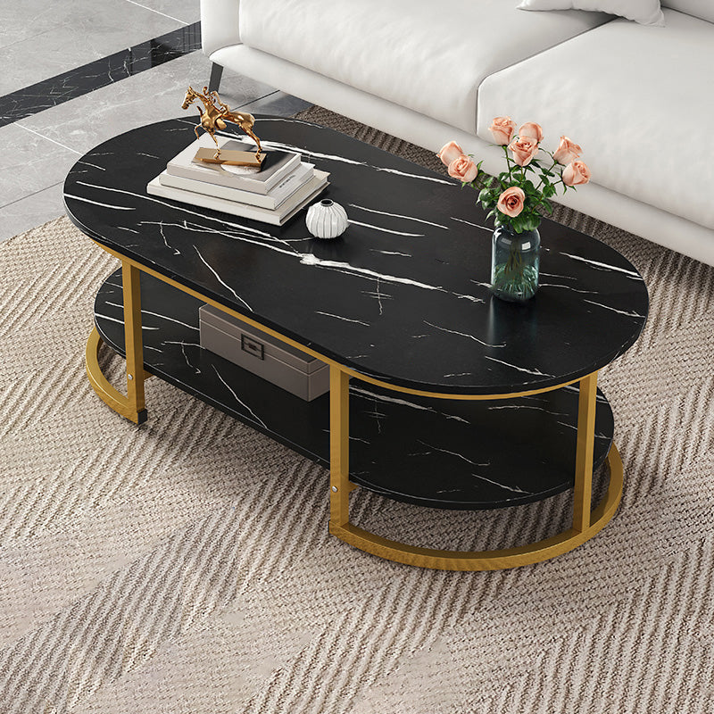Glam Style Coffee Table Oval Slate Single Coffee Cocktail Table 39.5"L x 19.5"W x 18"H Black Shelves Included Clearhalo 'Coffee & Accent Tables' 'Coffee Tables' 'coffee_tables' 'furn' 'furn_coffee_tables' 'Furniture' 'Living Room Furniture' 6862376