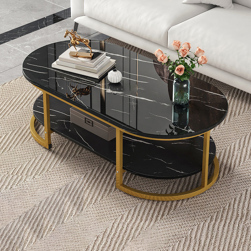 Glam Style Coffee Table Oval Slate Single Coffee Cocktail Table 39.5"L x 19.5"W x 18"H Gloss Black Shelves Included Clearhalo 'Coffee & Accent Tables' 'Coffee Tables' 'coffee_tables' 'furn' 'furn_coffee_tables' 'Furniture' 'Living Room Furniture' 6862378