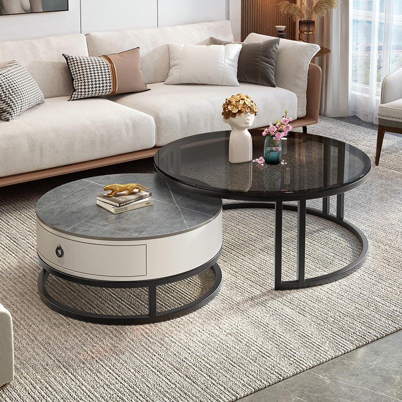 Round Nesting Coffee Table Set Frame Glass Coffee Table with Drawer Grey Black Clearhalo 'Coffee & Accent Tables' 'Coffee Tables' 'coffee_tables' 'furn' 'furn_coffee_tables' 'Furniture' 'Living Room Furniture' 6862449
