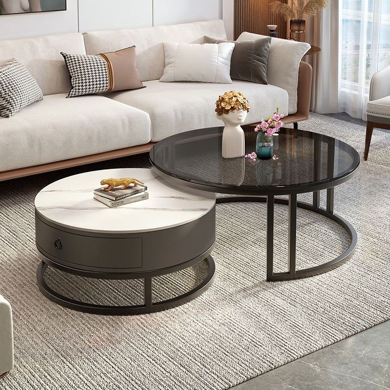 Round Nesting Coffee Table Set Frame Glass Coffee Table with Drawer Gray-White Black Clearhalo 'Coffee & Accent Tables' 'Coffee Tables' 'coffee_tables' 'furn' 'furn_coffee_tables' 'Furniture' 'Living Room Furniture' 6862450