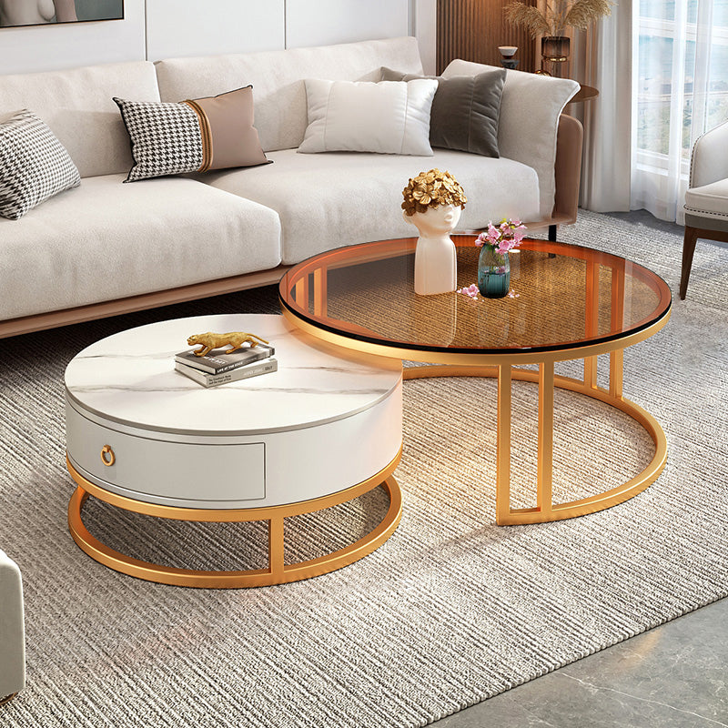 Round Nesting Coffee Table Set Frame Glass Coffee Table with Drawer White Gold Clearhalo 'Coffee & Accent Tables' 'Coffee Tables' 'coffee_tables' 'furn' 'furn_coffee_tables' 'Furniture' 'Living Room Furniture' 6862452