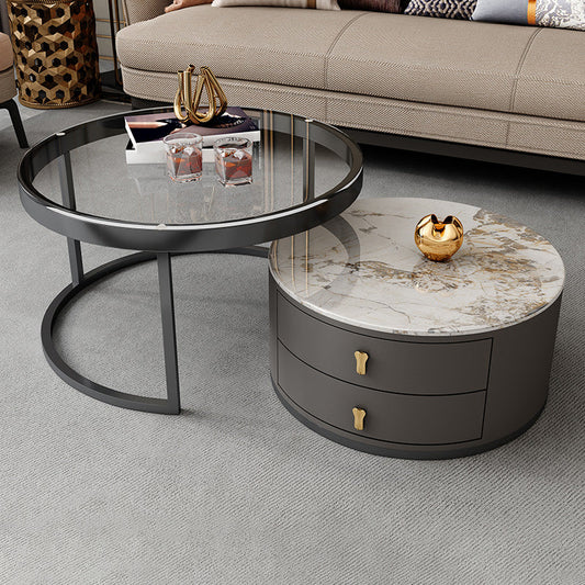 No Distressing Stone Coffee Table Frame Round Nesting Coffee Table Set with 2 Drawers Clearhalo 'Coffee & Accent Tables' 'Coffee Tables' 'coffee_tables' 'furn' 'furn_coffee_tables' 'Furniture' 'Living Room Furniture' 6862497