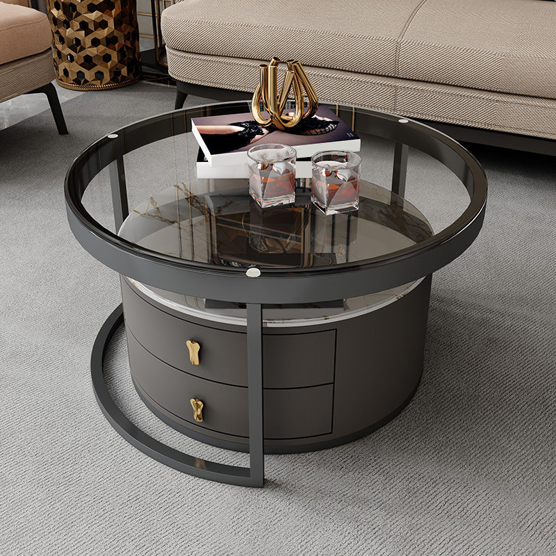 No Distressing Stone Coffee Table Frame Round Nesting Coffee Table Set with 2 Drawers Clearhalo 'Coffee & Accent Tables' 'Coffee Tables' 'coffee_tables' 'furn' 'furn_coffee_tables' 'Furniture' 'Living Room Furniture' 6862503