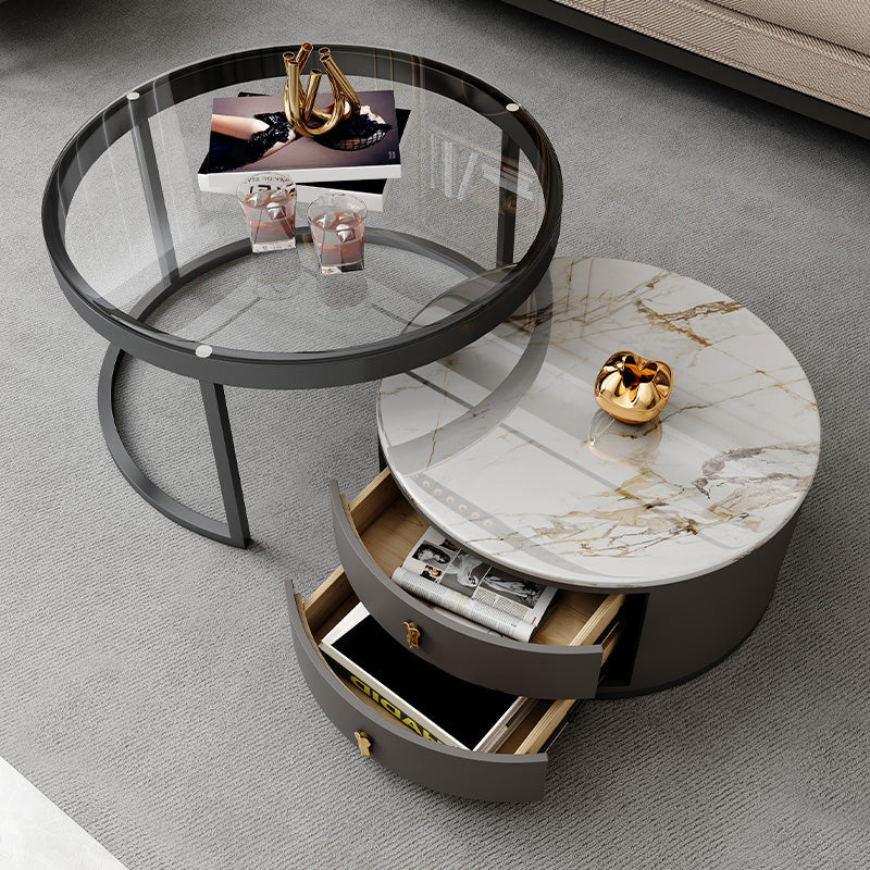 No Distressing Stone Coffee Table Frame Round Nesting Coffee Table Set with 2 Drawers Clearhalo 'Coffee & Accent Tables' 'Coffee Tables' 'coffee_tables' 'furn' 'furn_coffee_tables' 'Furniture' 'Living Room Furniture' 6862504