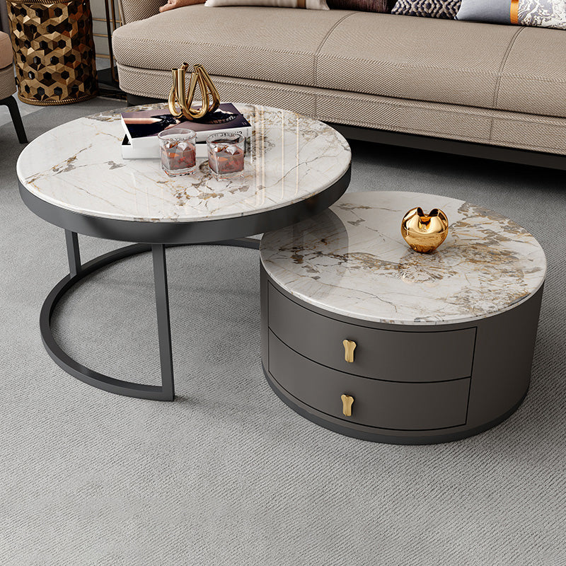 No Distressing Stone Coffee Table Frame Round Nesting Coffee Table Set with 2 Drawers Marble Clearhalo 'Coffee & Accent Tables' 'Coffee Tables' 'coffee_tables' 'furn' 'furn_coffee_tables' 'Furniture' 'Living Room Furniture' 6862506