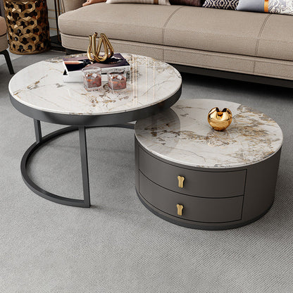 No Distressing Stone Coffee Table Frame Round Nesting Coffee Table Set with 2 Drawers Marble Clearhalo 'Coffee & Accent Tables' 'Coffee Tables' 'coffee_tables' 'furn' 'furn_coffee_tables' 'Furniture' 'Living Room Furniture' 6862506