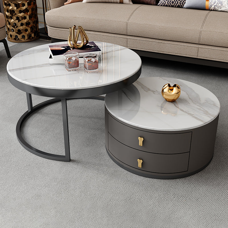No Distressing Stone Coffee Table Frame Round Nesting Coffee Table Set with 2 Drawers White Clearhalo 'Coffee & Accent Tables' 'Coffee Tables' 'coffee_tables' 'furn' 'furn_coffee_tables' 'Furniture' 'Living Room Furniture' 6862507