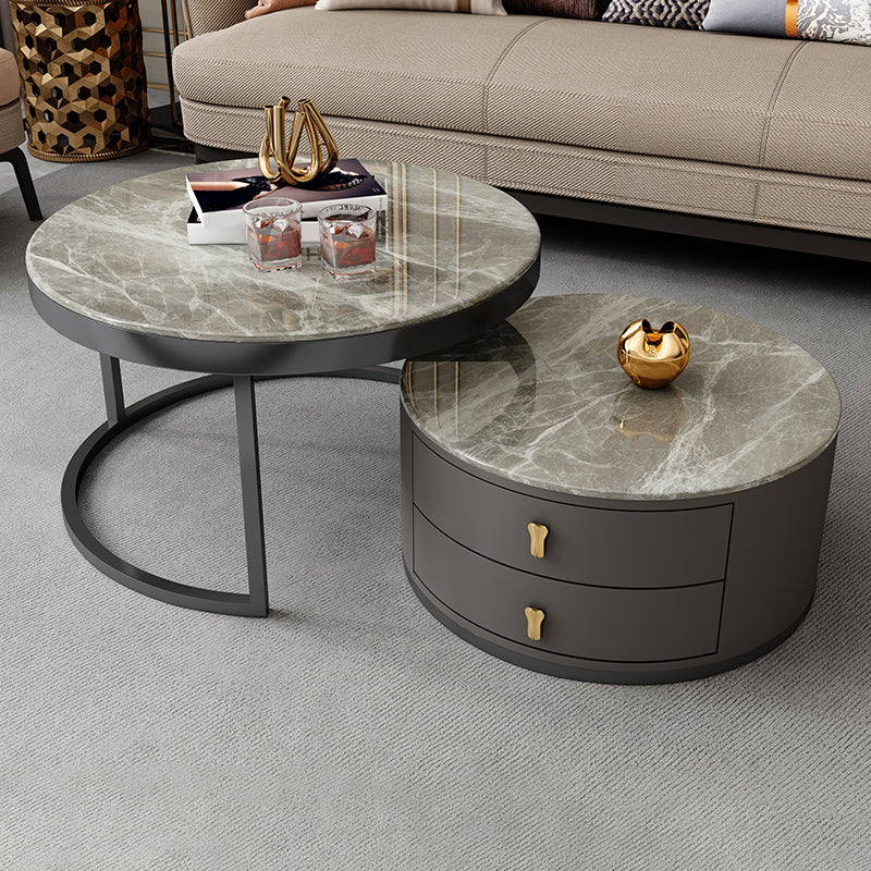No Distressing Stone Coffee Table Frame Round Nesting Coffee Table Set with 2 Drawers Smoke Gray Clearhalo 'Coffee & Accent Tables' 'Coffee Tables' 'coffee_tables' 'furn' 'furn_coffee_tables' 'Furniture' 'Living Room Furniture' 6862508
