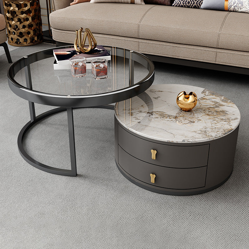 No Distressing Stone Coffee Table Frame Round Nesting Coffee Table Set with 2 Drawers Marble Gray Clearhalo 'Coffee & Accent Tables' 'Coffee Tables' 'coffee_tables' 'furn' 'furn_coffee_tables' 'Furniture' 'Living Room Furniture' 6862509