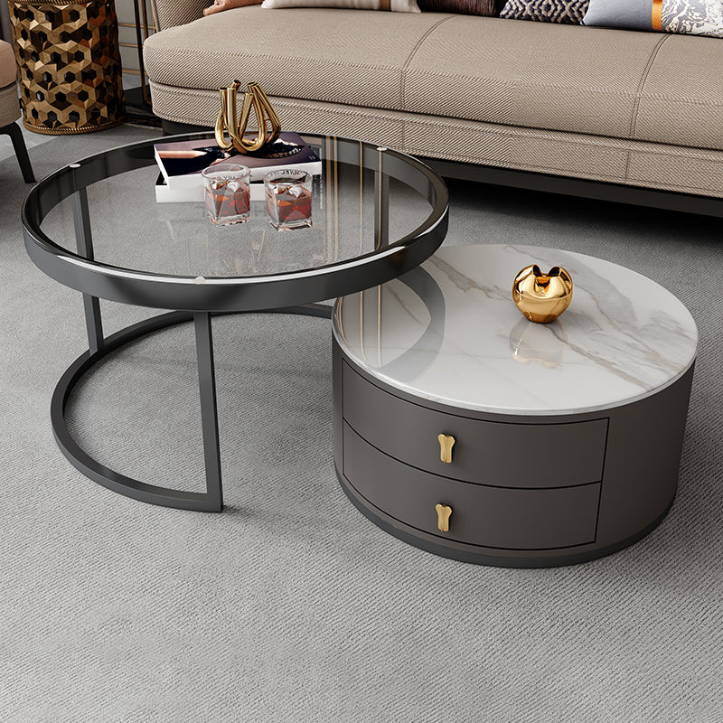 No Distressing Stone Coffee Table Frame Round Nesting Coffee Table Set with 2 Drawers Gray-White Clearhalo 'Coffee & Accent Tables' 'Coffee Tables' 'coffee_tables' 'furn' 'furn_coffee_tables' 'Furniture' 'Living Room Furniture' 6862510