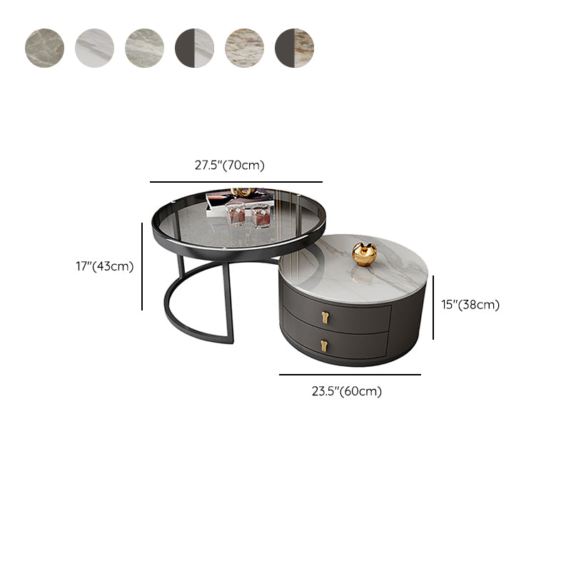 No Distressing Stone Coffee Table Frame Round Nesting Coffee Table Set with 2 Drawers Clearhalo 'Coffee & Accent Tables' 'Coffee Tables' 'coffee_tables' 'furn' 'furn_coffee_tables' 'Furniture' 'Living Room Furniture' 6862512