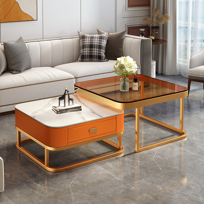 Glam Coffee Table Set Frame Square 2-Piece Coffee Cocktail Table 28"L x 28"W x 18"H + 24"L x 24"W x 15"H White-Orange Clearhalo 'Coffee & Accent Tables' 'Coffee Tables' 'coffee_tables' 'furn' 'furn_coffee_tables' 'Furniture' 'Living Room Furniture' 6862568