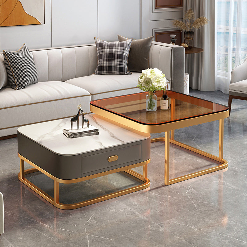 Glam Coffee Table Set Frame Square 2-Piece Coffee Cocktail Table 28"L x 28"W x 18"H + 24"L x 24"W x 15"H White Grey Clearhalo 'Coffee & Accent Tables' 'Coffee Tables' 'coffee_tables' 'furn' 'furn_coffee_tables' 'Furniture' 'Living Room Furniture' 6862578
