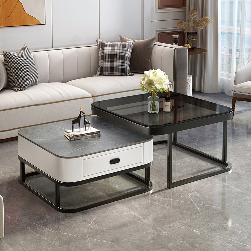 Glam Coffee Table Set Frame Square 2-Piece Coffee Cocktail Table 28"L x 28"W x 18"H + 24"L x 24"W x 15"H Grey Black Clearhalo 'Coffee & Accent Tables' 'Coffee Tables' 'coffee_tables' 'furn' 'furn_coffee_tables' 'Furniture' 'Living Room Furniture' 6862579