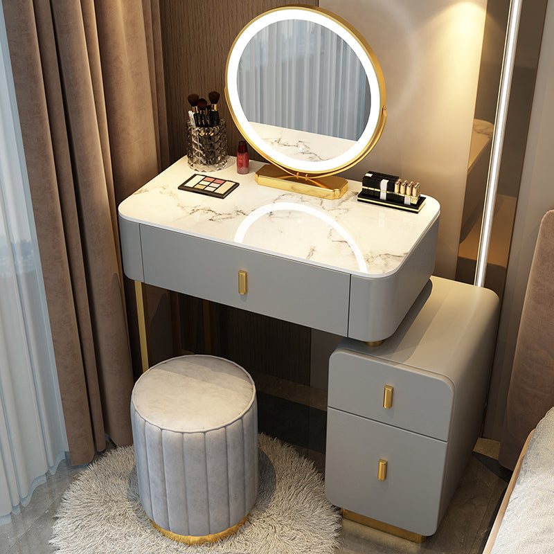 Mirror & 3 Drawers Wood Makeup Vanity Stone Top Dressing Table