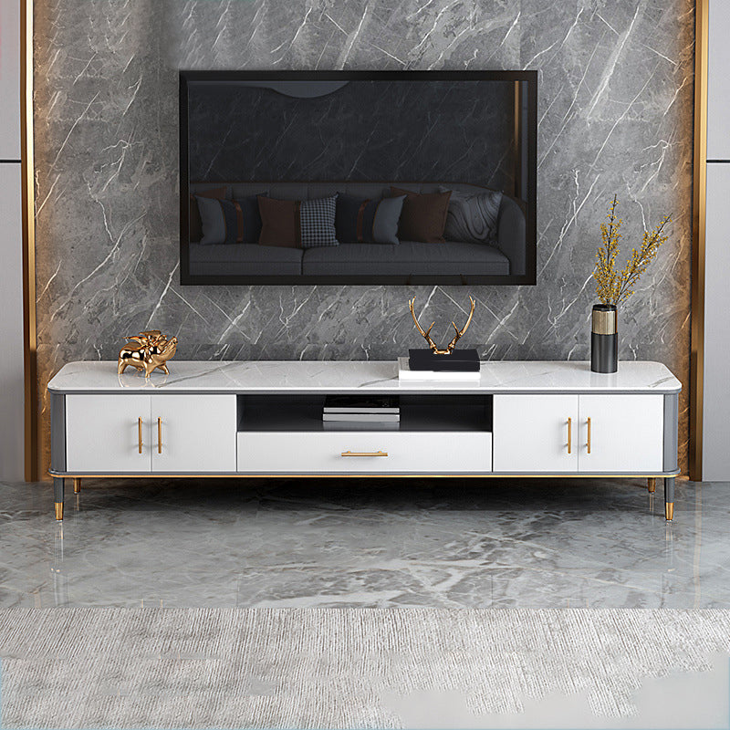 Glam Open Shelving Media Console Stone TV Stand with Drawers 67"L x 14"W x 18"H Clearhalo 'furn' 'furn_tv_stands_entertainment_centers' 'Furniture' 'Living Room Furniture' 'TV Stands & Entertainment Centers' 'TV Stands & Media Storage Furniture' 'tv_stands_entertainment_centers' 6865427