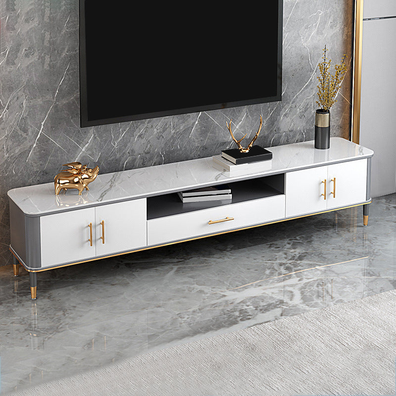 Glam Open Shelving Media Console Stone TV Stand with Drawers 79"L x 14"W x 18"H Clearhalo 'furn' 'furn_tv_stands_entertainment_centers' 'Furniture' 'Living Room Furniture' 'TV Stands & Entertainment Centers' 'TV Stands & Media Storage Furniture' 'tv_stands_entertainment_centers' 6865430