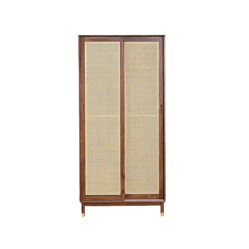 Modern Solid Wood Wardrobe Cabinet 2 Sliding Doors Sliding with Drawer Walnut Rattan Clearhalo 'Armoires & Wardrobes' 'armoires_wardrobes' 'Bedroom Furniture' 'furn' 'furn_armoires_wardrobes' 'Furniture' 6877460