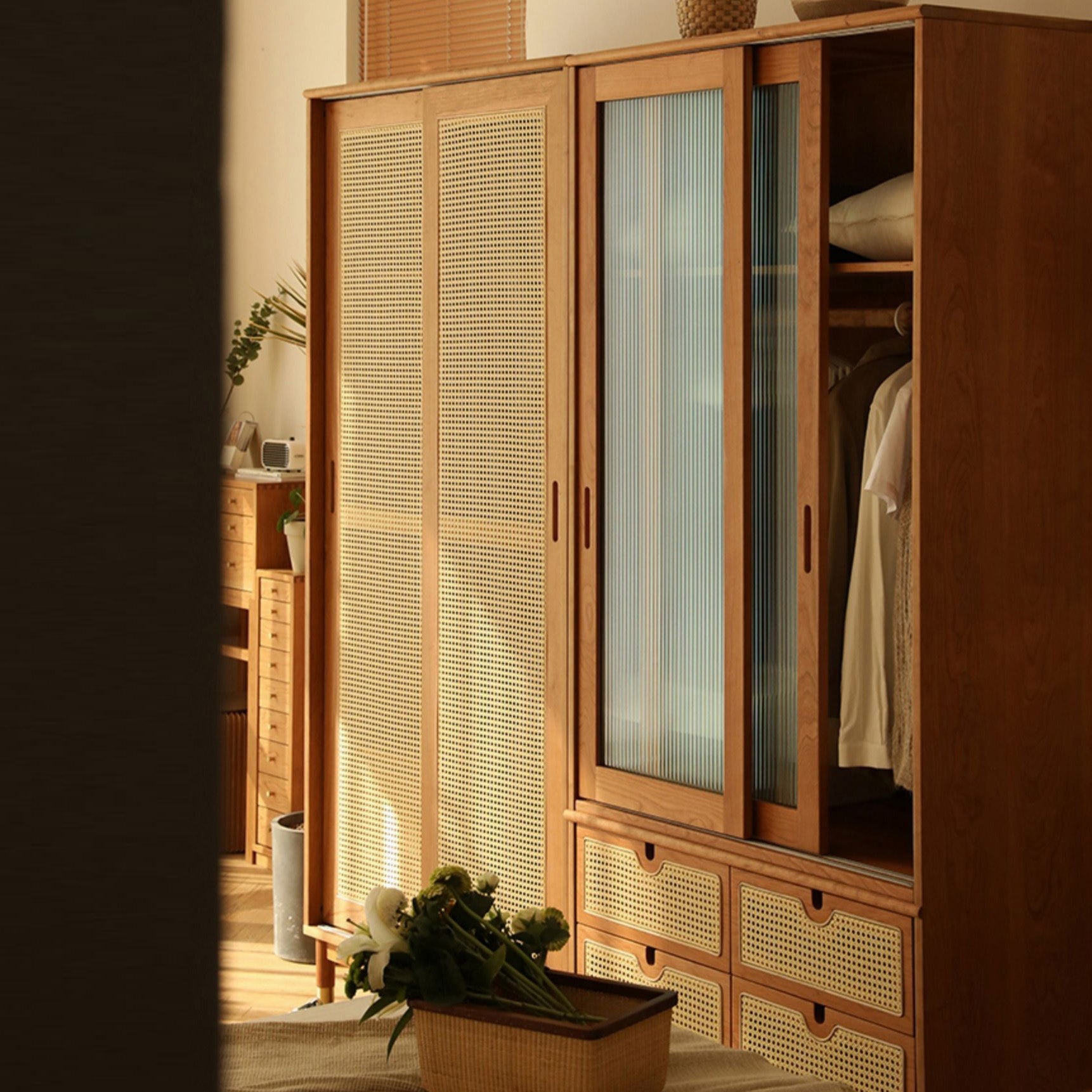 Modern Solid Wood Wardrobe Cabinet 2 Sliding Doors Sliding with Drawer Clearhalo 'Armoires & Wardrobes' 'armoires_wardrobes' 'Bedroom Furniture' 'furn' 'furn_armoires_wardrobes' 'Furniture' 6877471