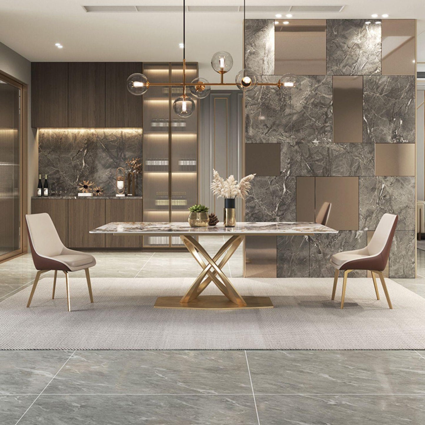 Set di tavoli da pranzo beige lucido 1/2/5/7 PC glam dinette con sedie in pelle