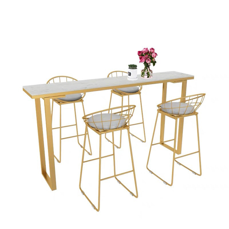 Glam Rectangle Bar Table Faux Marble Trestle Base Bistro Bar Desk Gloss White Without Chairs Clearhalo 'Bar Furniture' 'Bar Tables' 'bar_tables' 'furn' 'furn_bar_tables' 'Furniture' 'Kitchen & Dining Furniture' 6878848