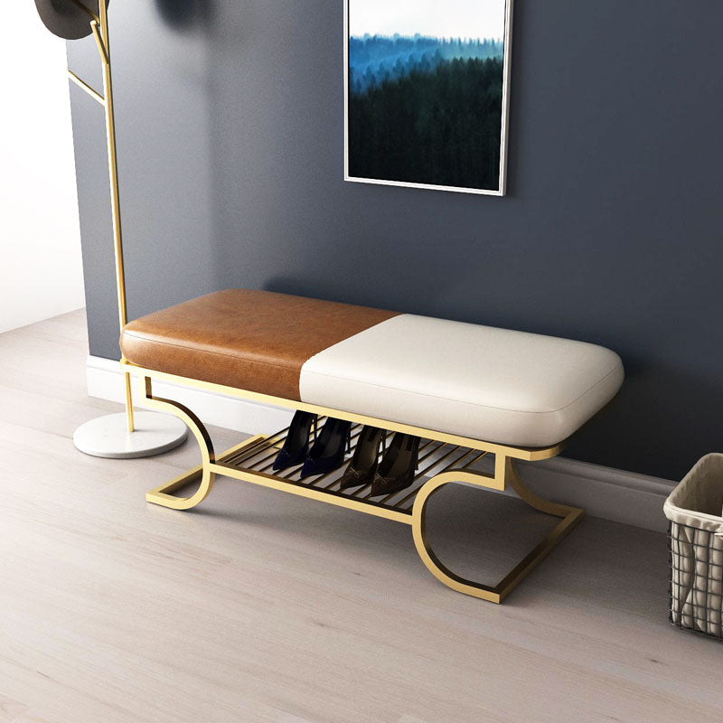 Metal Entryway Bench Modern Rectangle Seating Bench with Upholstered 31.5"L x 15"W x 17"H Off White Orange Gold Clearhalo 'Benches' 'Chairs & Seating' 'furn' 'furn_benches' 'Furniture' 'Living Room Furniture' 6880596