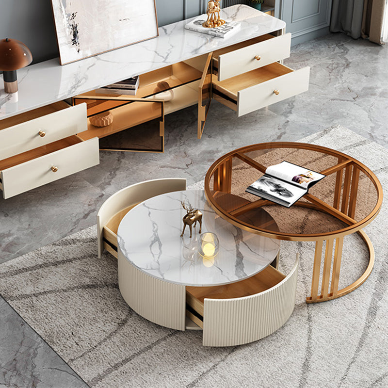 Glazen salontafel frame ronde nestelende salontafel met opbergladen