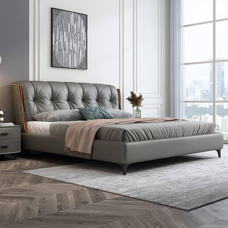 Contemporary Grey Standard Bed with Upholstered Headboard in Solid Wood Clearhalo 'Bedroom Furniture' 'Beds' 'furn' 'furn_beds' 'Furniture' 6882766
