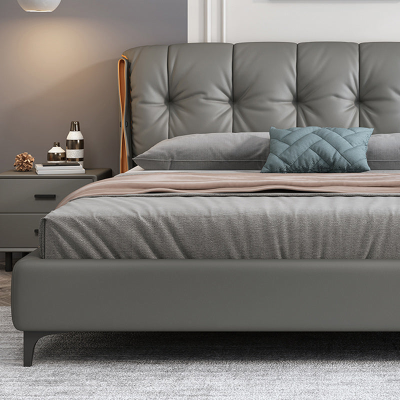 Contemporary Grey Standard Bed with Upholstered Headboard in Solid Wood Clearhalo 'Bedroom Furniture' 'Beds' 'furn' 'furn_beds' 'Furniture' 6882771