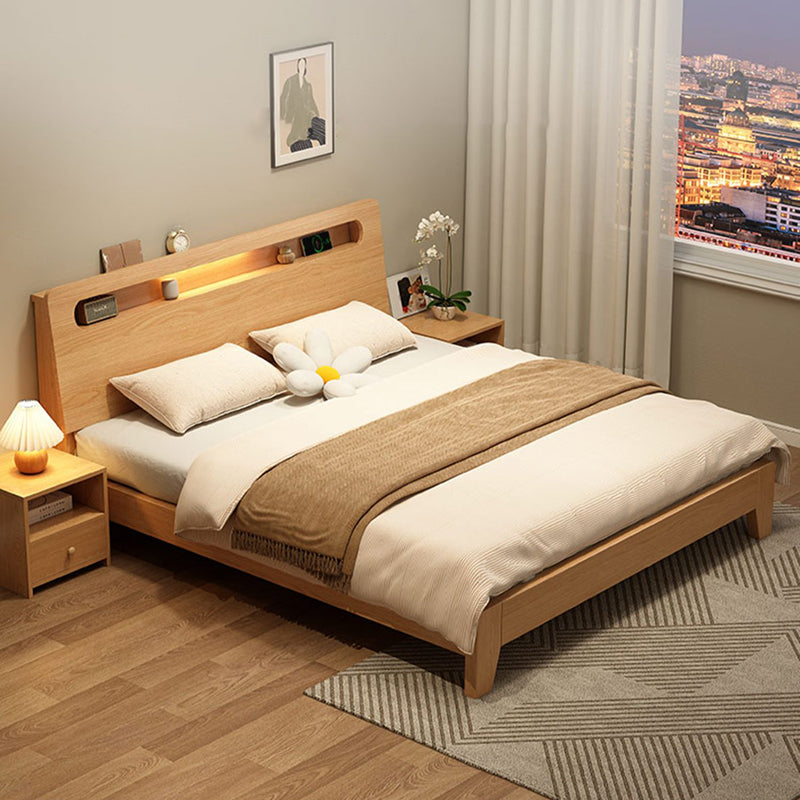 Letto a pannello in legno massiccio naturale con letto di testiera standard con ripiani