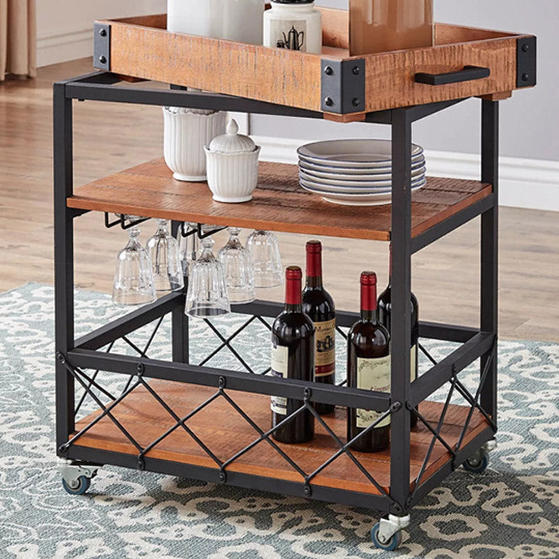 Modern Open Storage Kitchen Trolley Pine Wood Rolling Prep Table