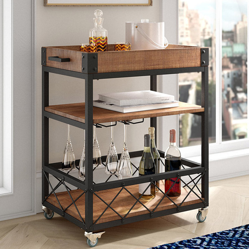 Modern Open Storage Kitchen Trolley Pine Wood Rolling Prep Table