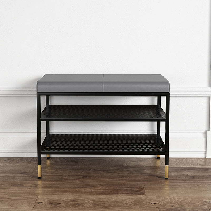 Metal Cushioned Bench Modern Seating Bench with Shelves for Entryway 24"L x 13"W x 18.5"H Black Grey Clearhalo 'Benches' 'Chairs & Seating' 'furn' 'furn_benches' 'Furniture' 'Living Room Furniture' 6894466