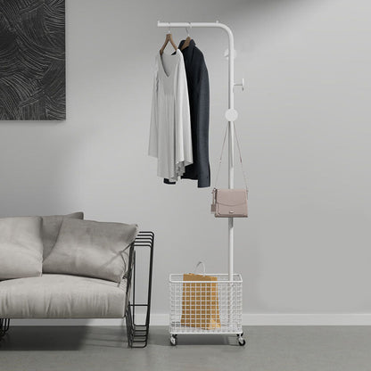 Modern Basket Storage Coat Hanger Castors Detail Metal Coat Rack for Living Room White Disc Clearhalo 'Entry & Mudroom Furniture' 'furn' 'furn_hall_tree_coat_racks' 'Furniture' 'Hall Trees & Coat Racks' 'hall_tree_coat_racks' 6898264