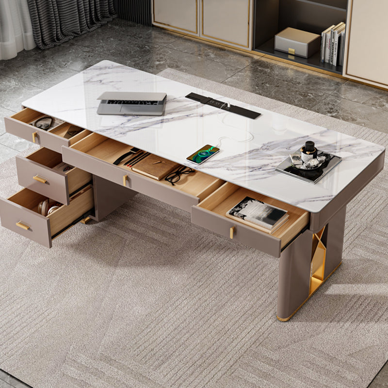 Modern Stone Office Desk Rectangular Shape Task Desk with 5-Drawers in Grey 63"L x 27.6"W x 29.5"H Clearhalo 'furn' 'furn_office_desk' 'Furniture' 'Office Desks' 'Office Furniture' 'office_desk' 6904752