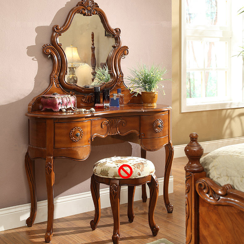 Traditional Solid Wood Brown Bedroom Mirror With Drawer Makeup Vanity Set
