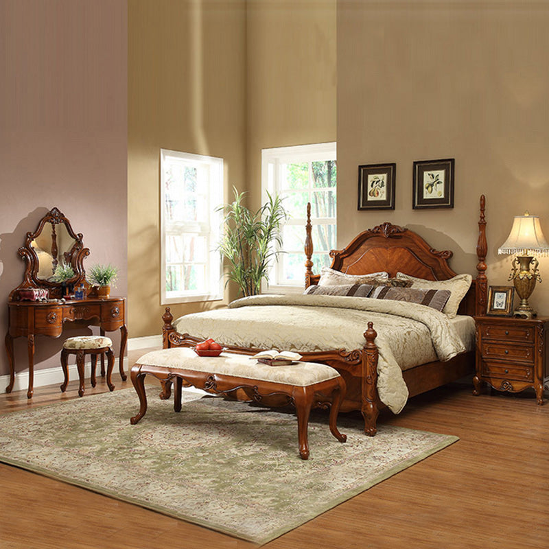 Traditional Solid Wood Brown Bedroom Mirror With Drawer Makeup Vanity Set