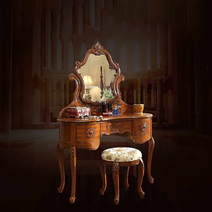 Traditional Solid Wood Brown Bedroom Mirror With Drawer Makeup Vanity Set
