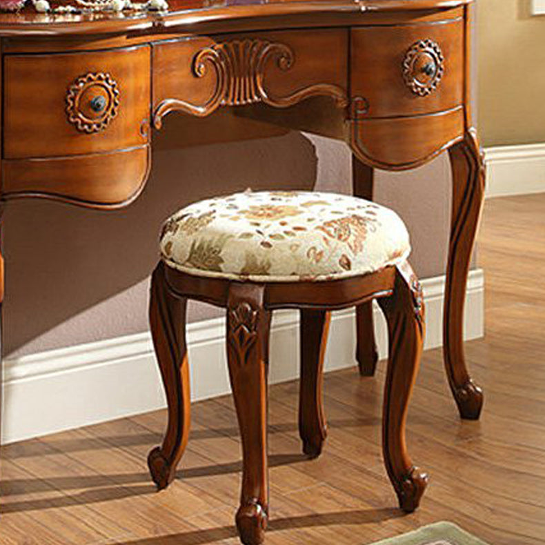 Traditional Solid Wood Brown Bedroom Mirror With Drawer Makeup Vanity Set